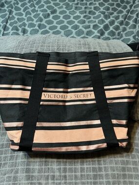 Victoria's Secret Black and Blush Striped Canvas Tote